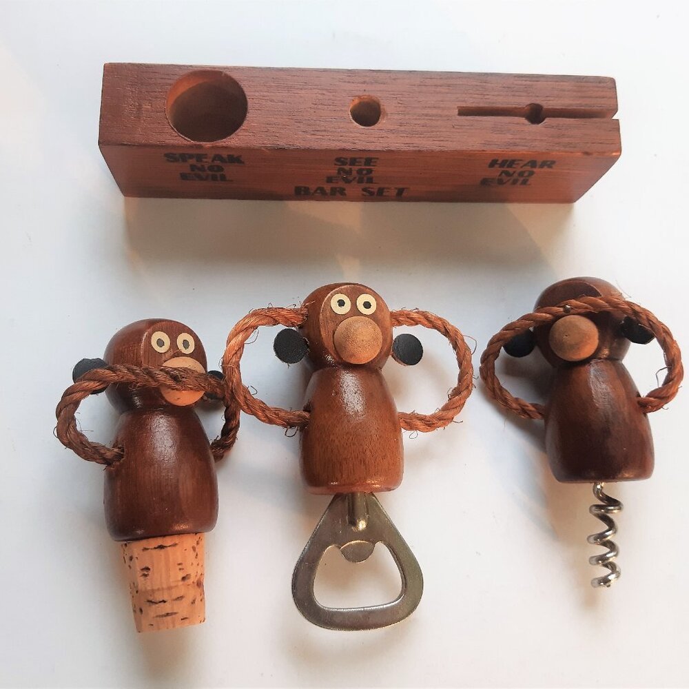 Vintage MCM Wood Wise Monkey Wine Bar Tools Set Hear See Speak No Evil Barware